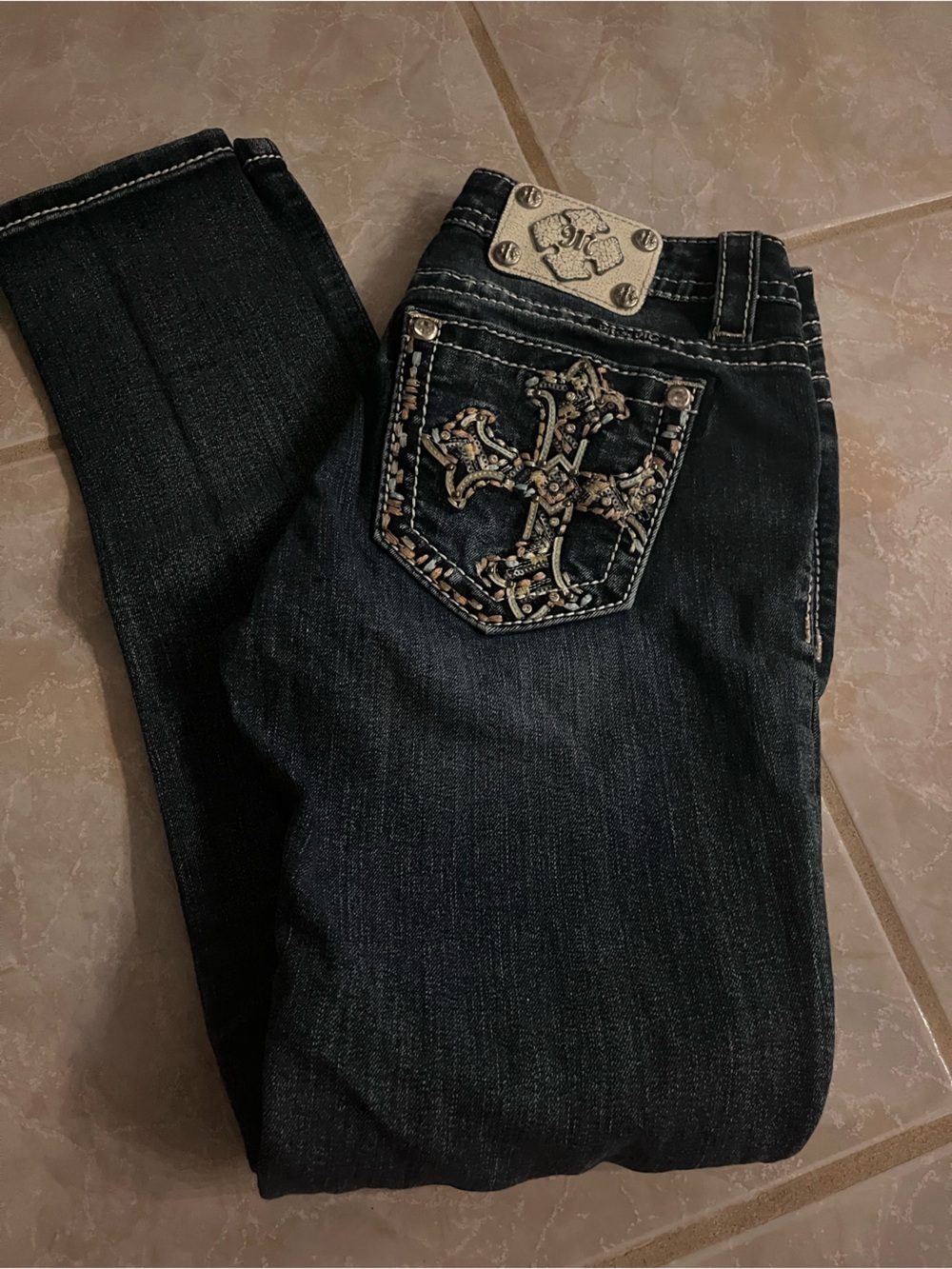Miss Me Dark Wash Jeans with Embroidered Pocket and Silver Accents